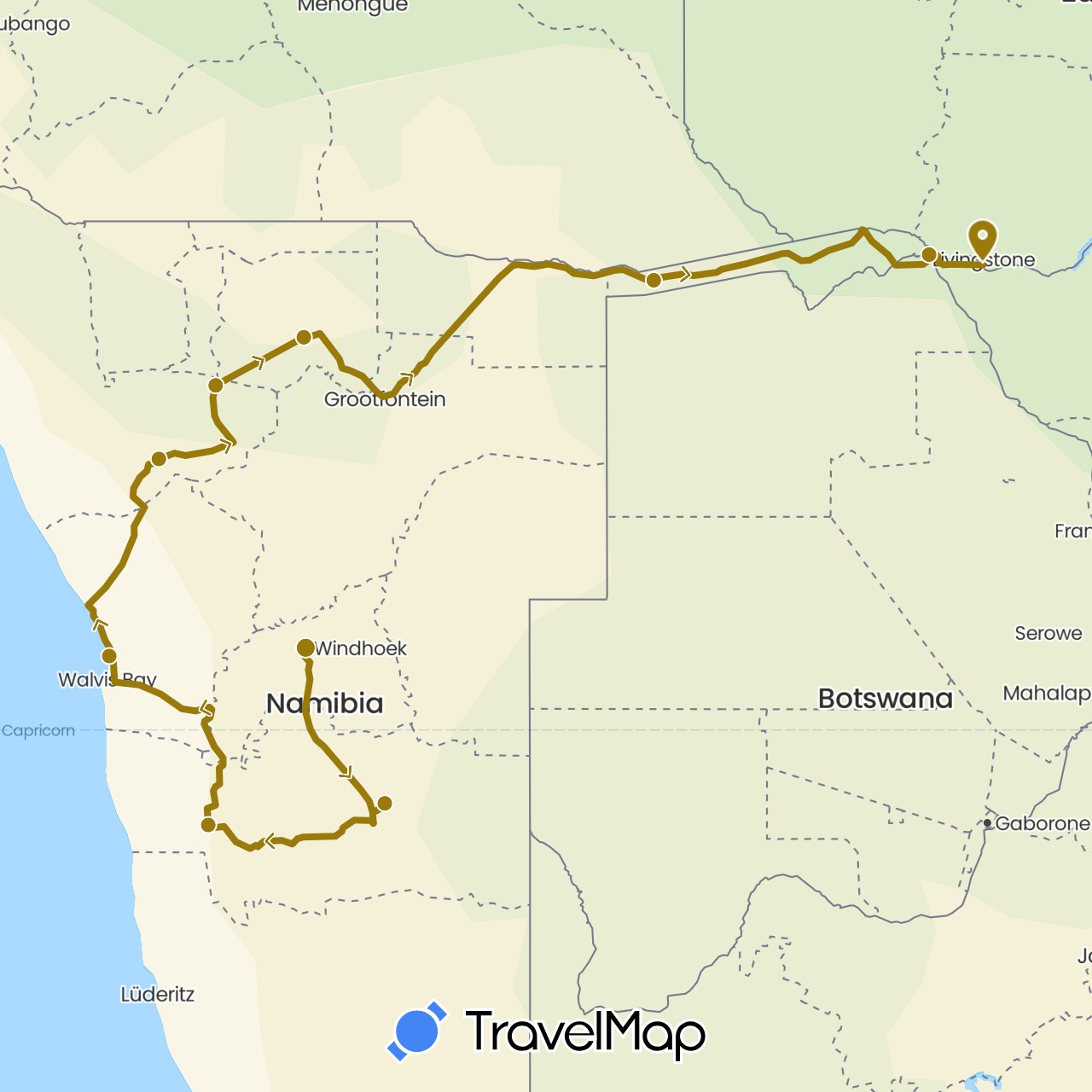 TravelMap itinerary: driving, fahrstecke in Botswana, Namibia, Zimbabwe (Africa)