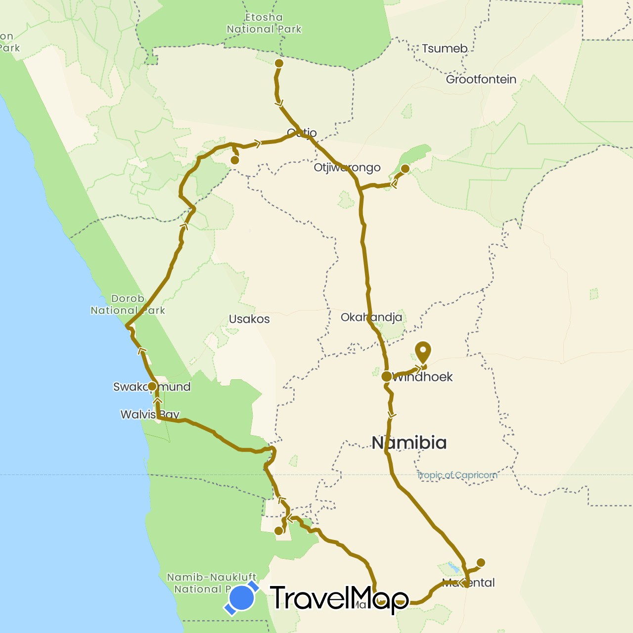 TravelMap itinerary: driving, fahrstecke in Namibia (Africa)