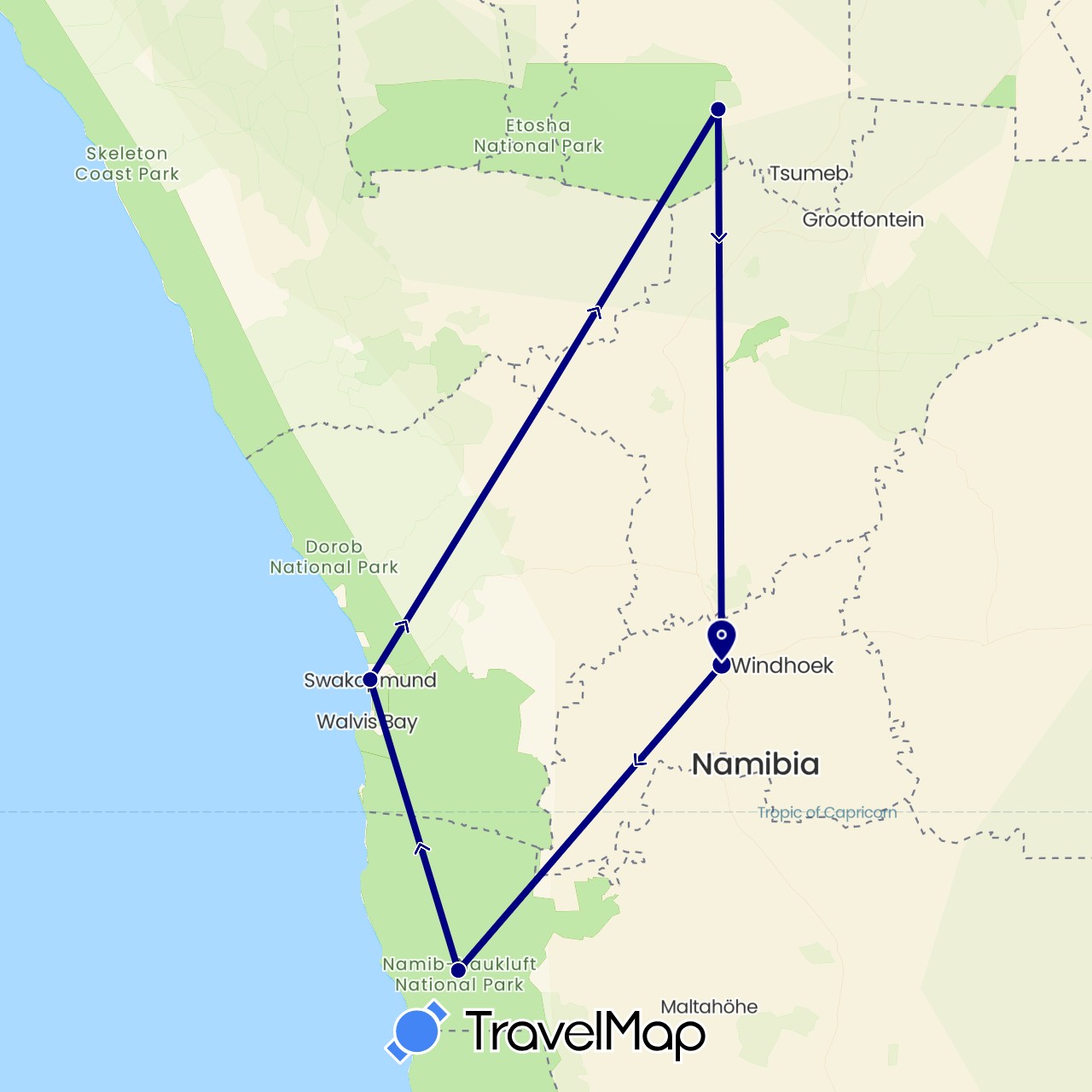 TravelMap itinerary: driving in Namibia (Africa)