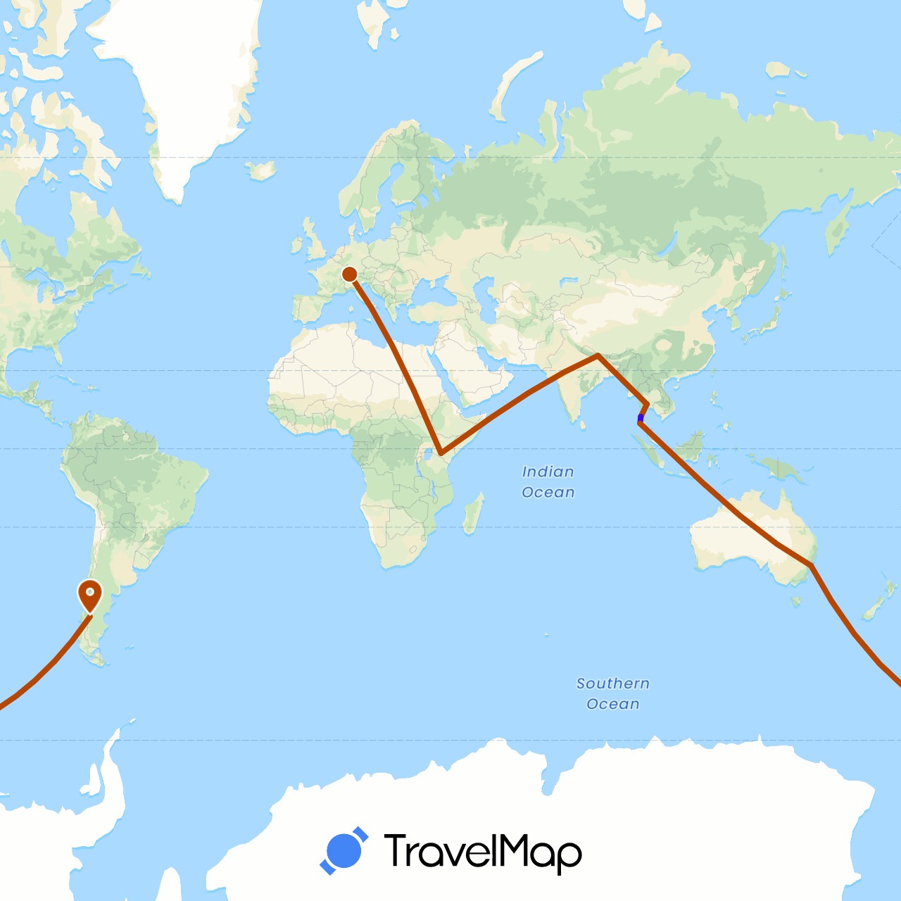 TravelMap itinerary: driving, landweg, flugstrecke in Australia, Switzerland, Chile, Kenya, Nepal, Thailand (Africa, Asia, Europe, Oceania, South America)