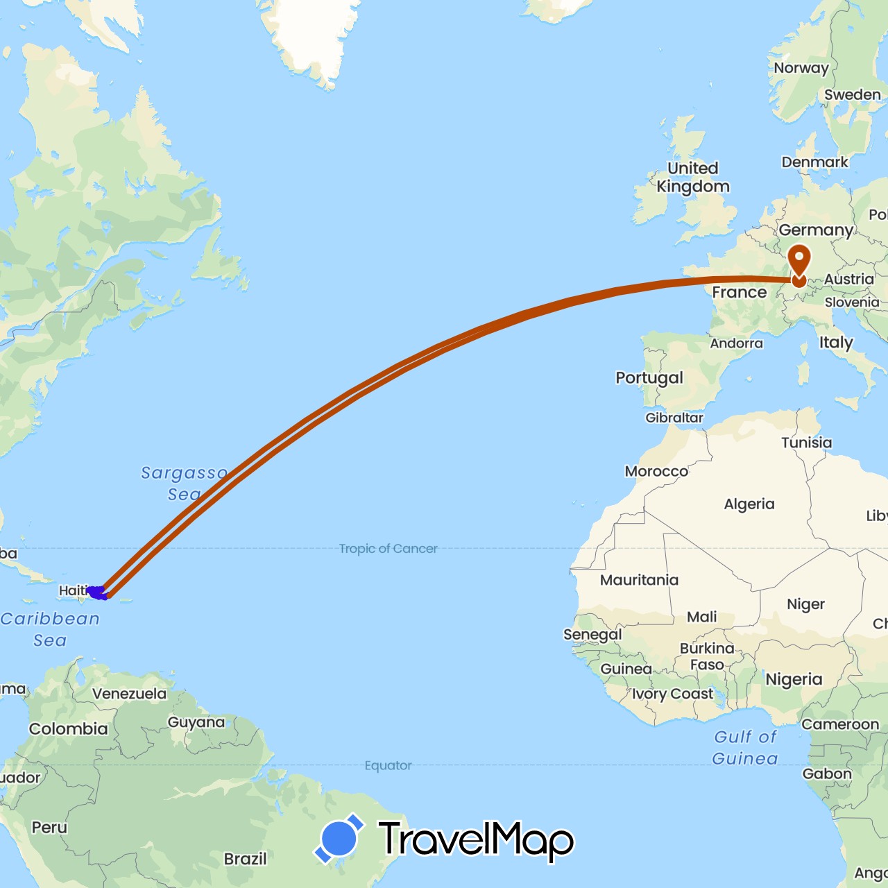TravelMap itinerary: driving, landweg, flugstrecke in Switzerland, Dominican Republic (Europe, North America)