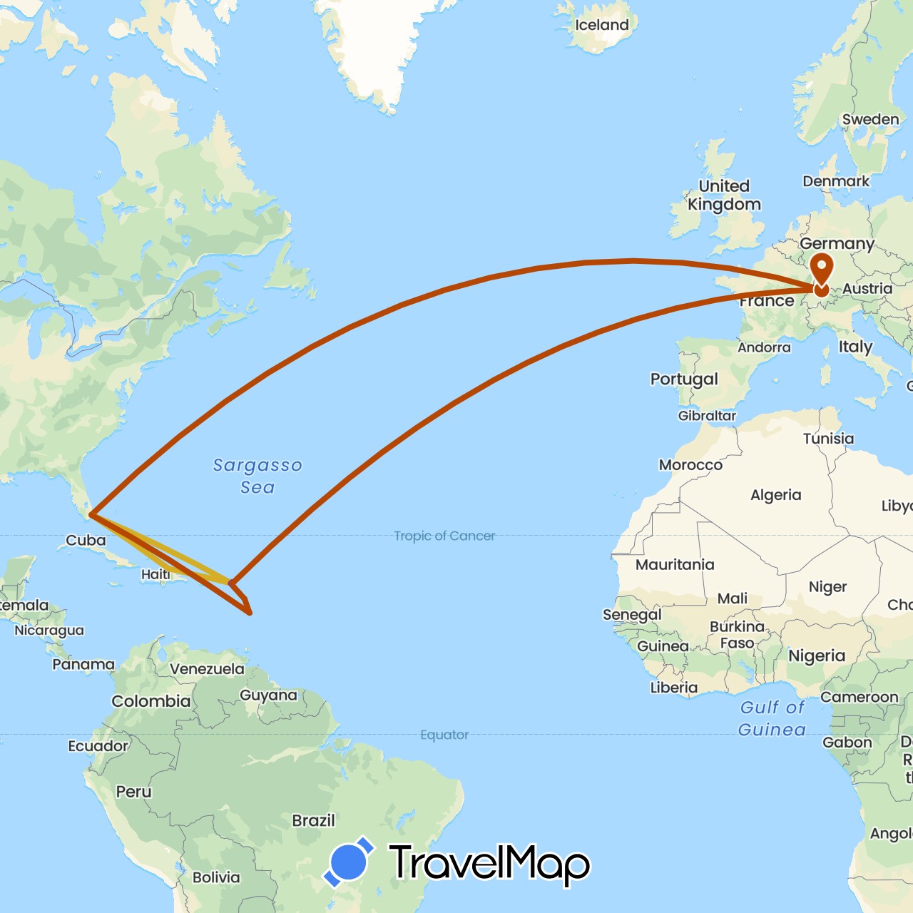 TravelMap itinerary: driving, flugstrecke, kreuzfahrt, fähre in Anguilla, Netherlands Antilles, Switzerland, Dominican Republic, France, Netherlands, United States, British Virgin Islands (Europe, North America)
