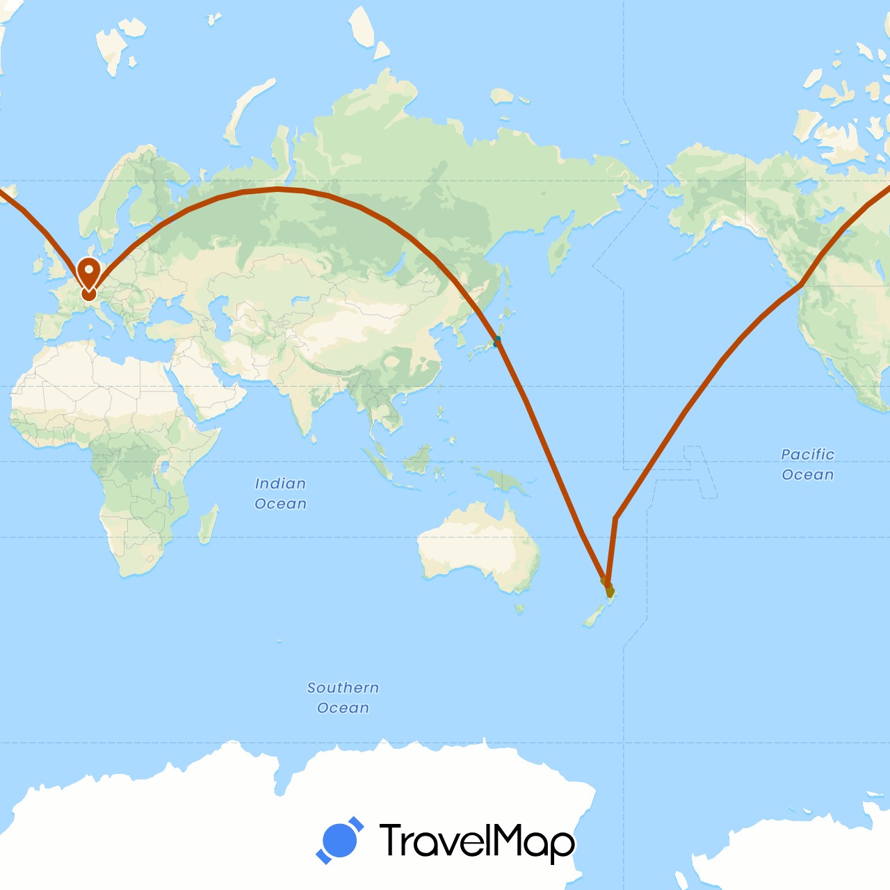 TravelMap itinerary: driving, fahrstecke, flugstrecke, private tour in Canada, Switzerland, Fiji, Japan, New Zealand (Asia, Europe, North America, Oceania)