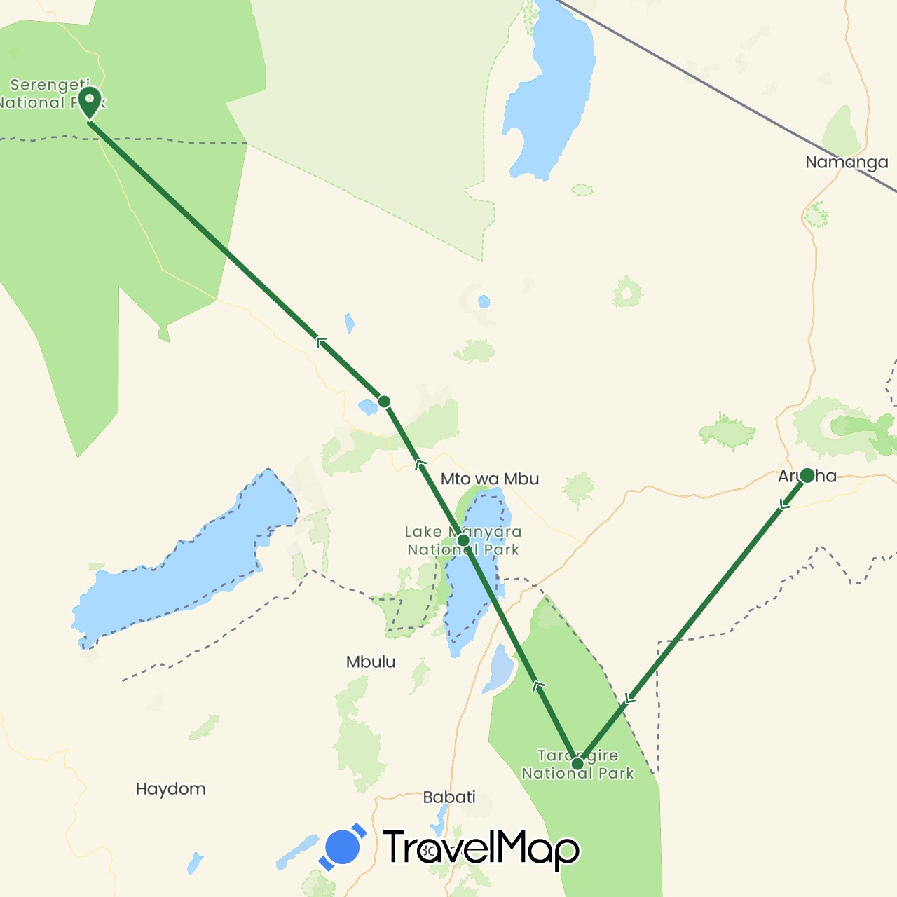 TravelMap itinerary: driving, fahrstrecke safari in Tanzania (Africa)