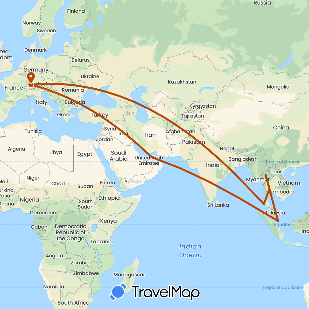 TravelMap itinerary: driving, flugstrecke in United Arab Emirates, Switzerland, Singapore, Thailand (Asia, Europe)