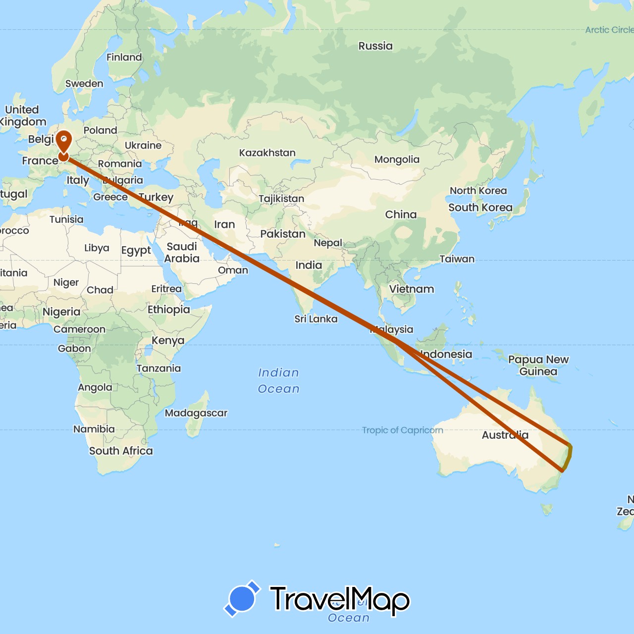 TravelMap itinerary: driving, fahrstecke, flugstrecke in Australia, Switzerland (Europe, Oceania)