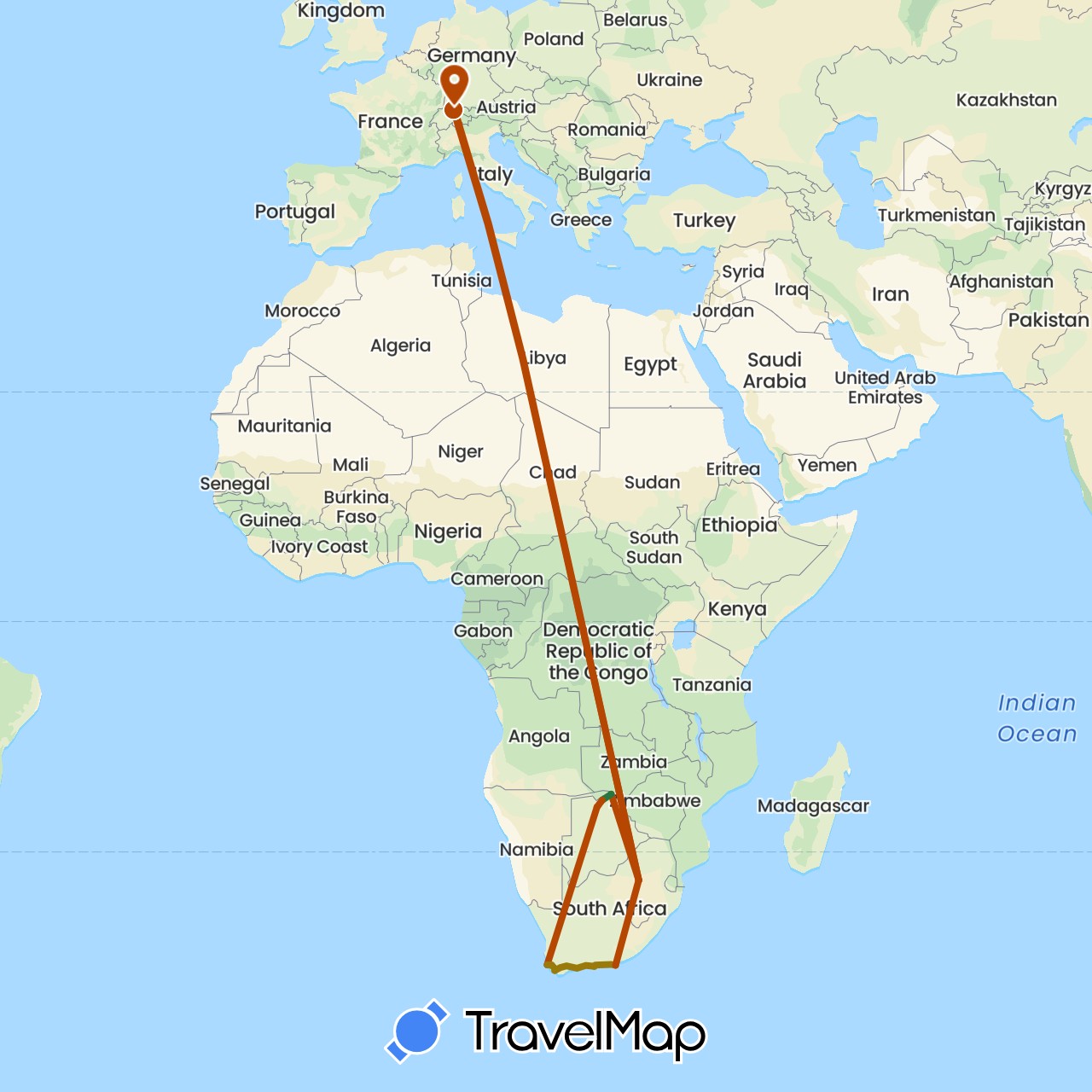 TravelMap itinerary: driving, fahrstecke, flugstrecke, fahrstrecke safari in Botswana, Switzerland, South Africa (Africa, Europe)