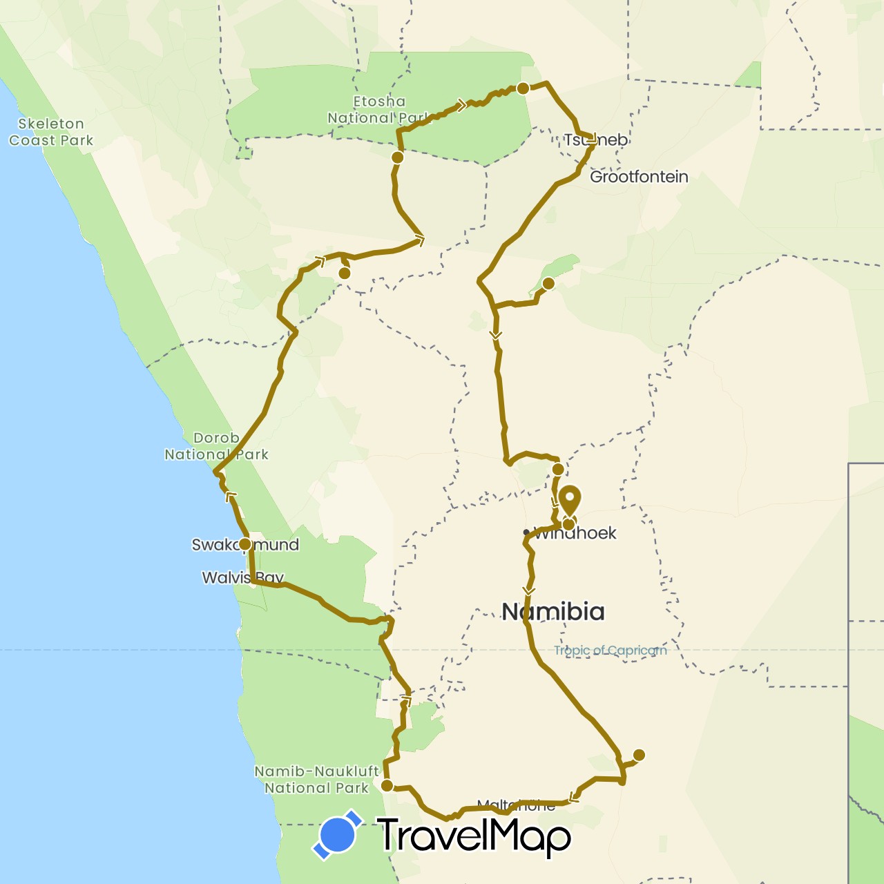 TravelMap itinerary: driving, fahrstecke in Namibia (Africa)