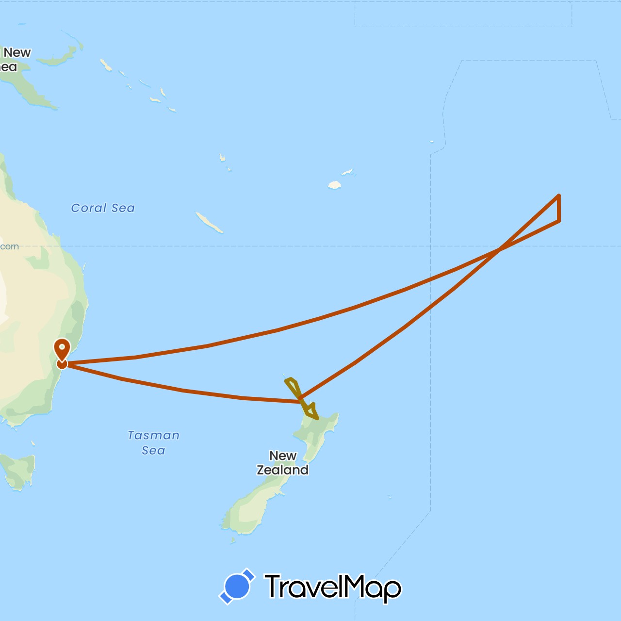 TravelMap itinerary: driving, fahrstecke, flugstrecke in Australia, Cook Islands, New Zealand (Oceania)