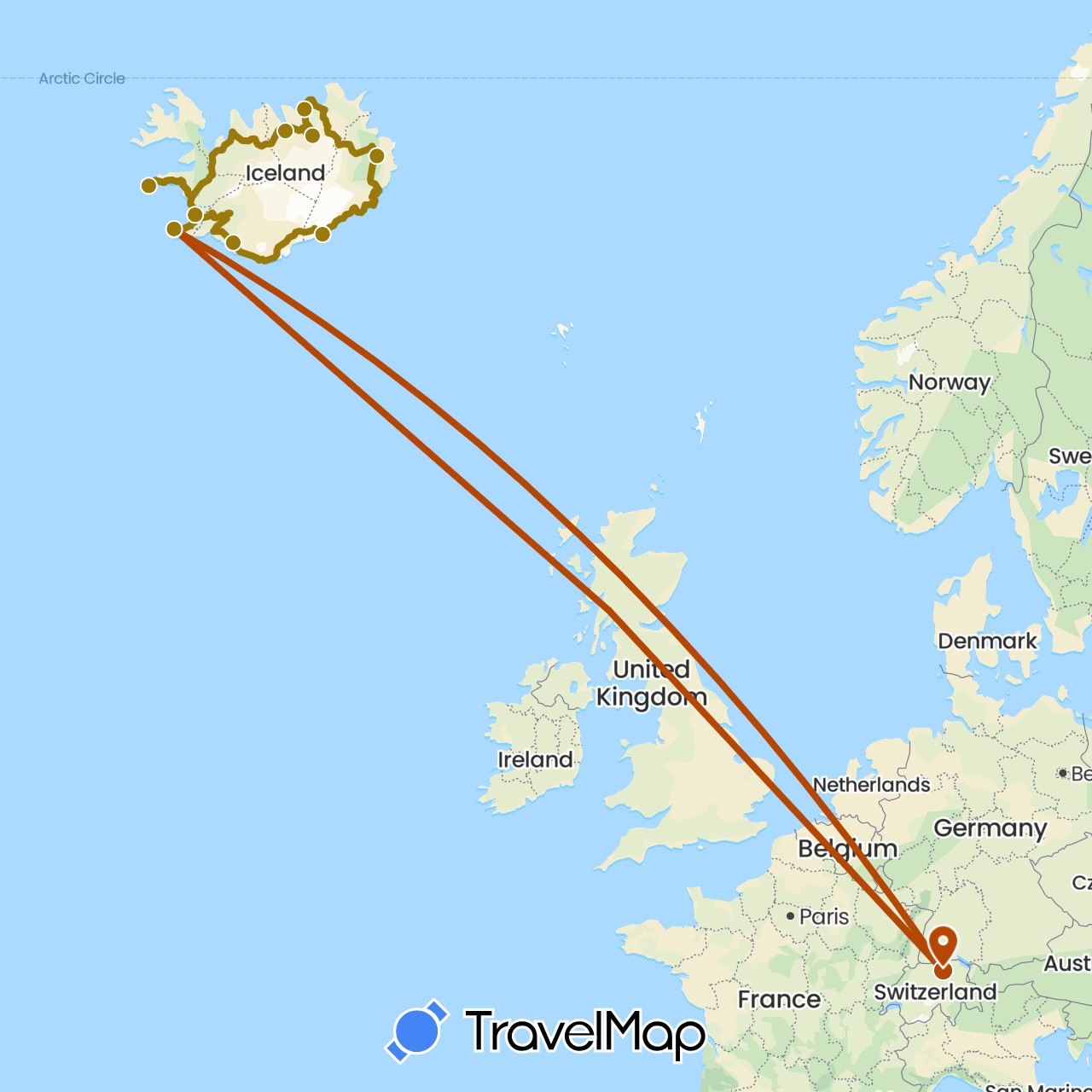 TravelMap itinerary: driving, fahrstecke, flugstrecke in Switzerland, Iceland (Europe)