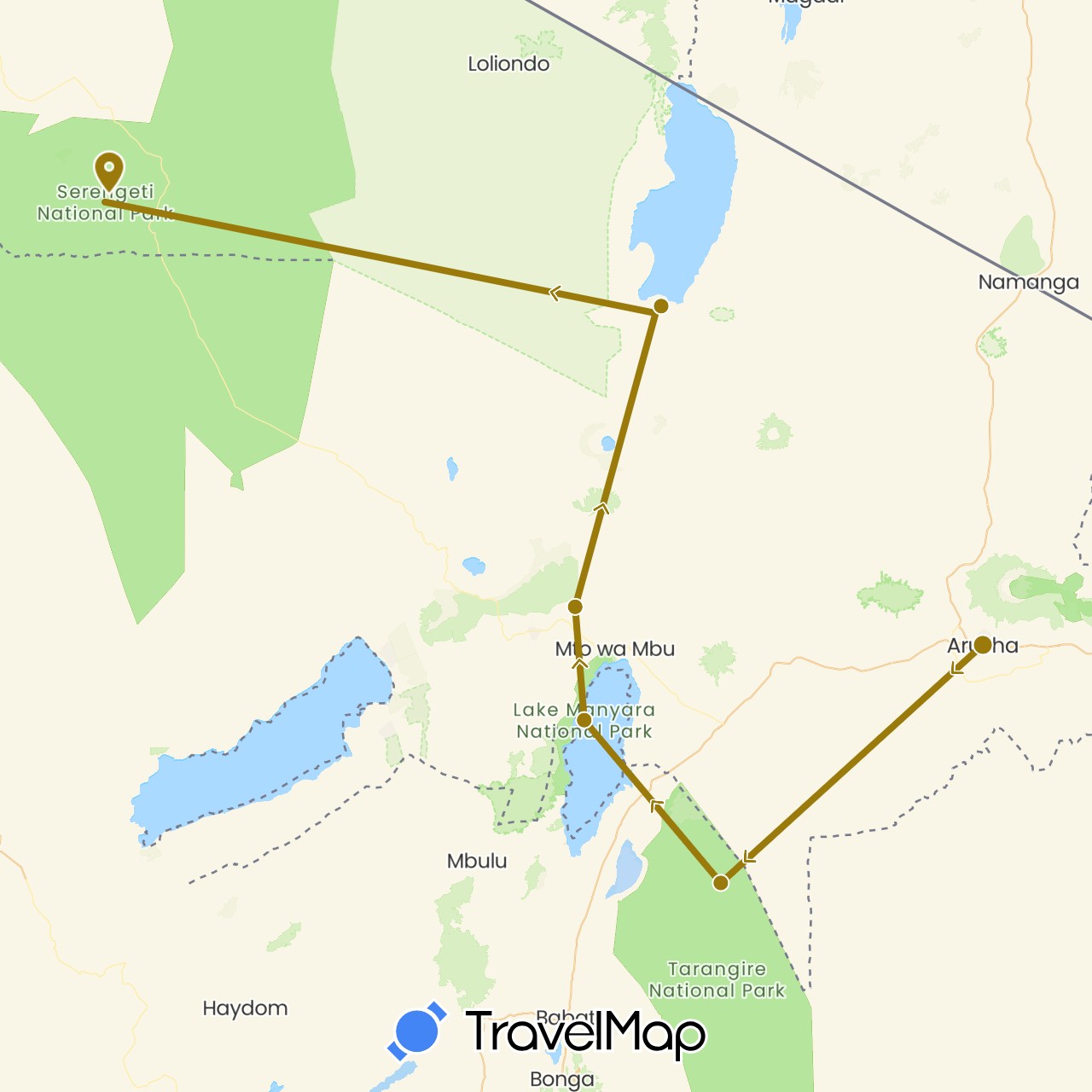 TravelMap itinerary: driving, fahrstecke in Tanzania (Africa)
