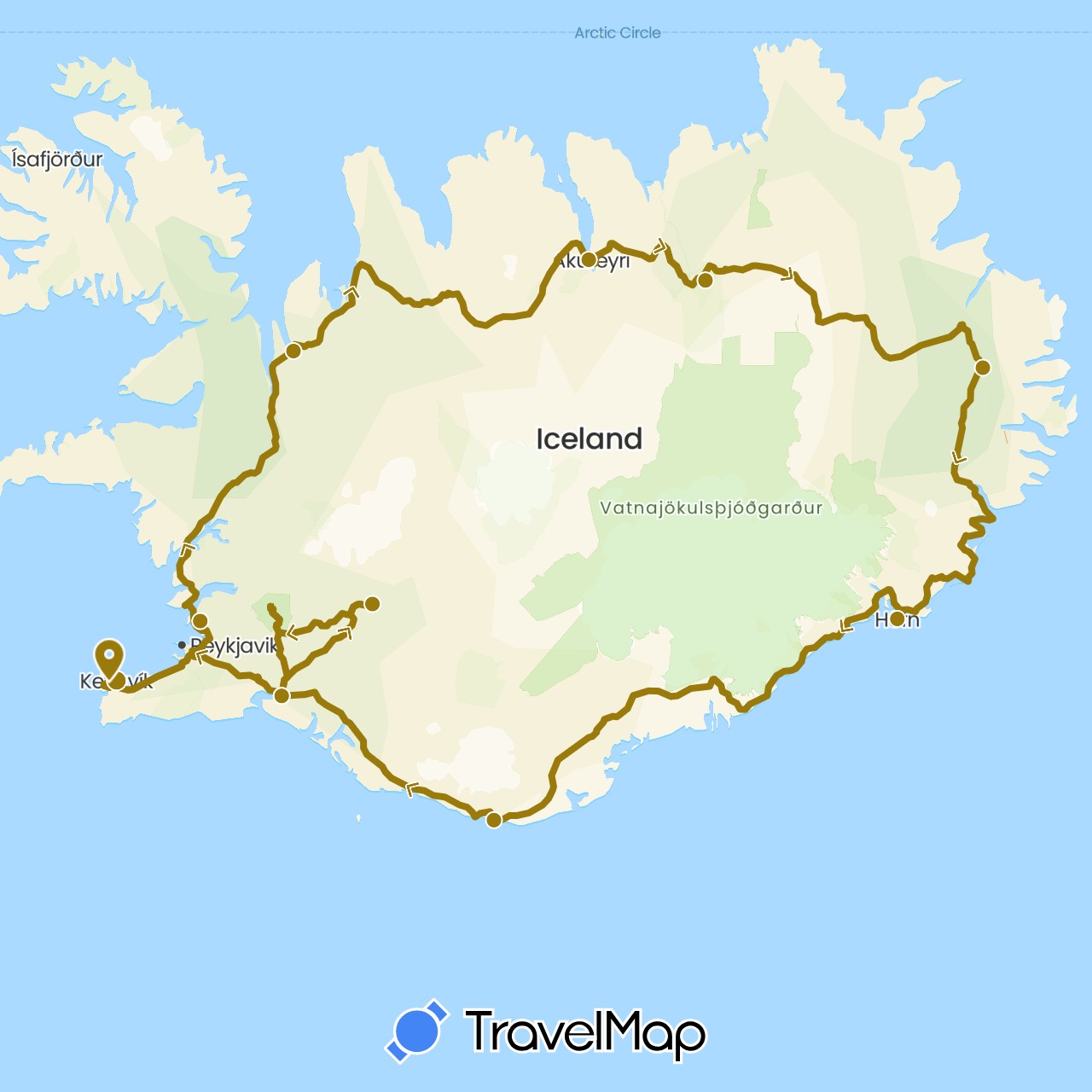 TravelMap itinerary: driving, fahrstecke in Iceland (Europe)